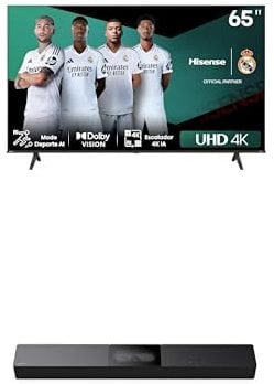 Hisense Bundle 65E6NT 164cm (65 Zoll) Fernseher, 4K UHD Smart TV, HDR, Dolby Vision, 60Hz [2024] HS2000 2.1 Kanal Soundbar, integrierter Subwoofer, 240W, Dolby Audio, Bluetooth, HDMI ARC