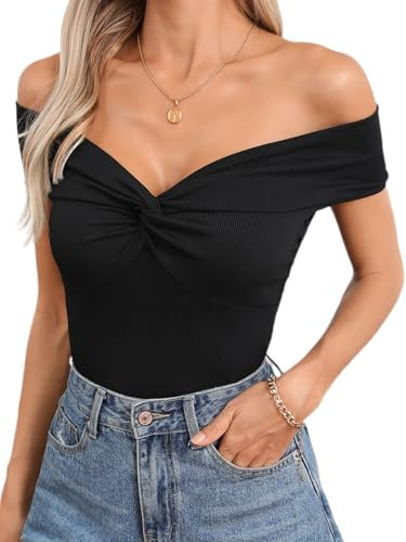 GORGLITTER Women's Off Shoulder Twist Front Top T Shirt Rib Knit Short Sleeve V Neck Skinny Sexy Tee Tops Black Medium