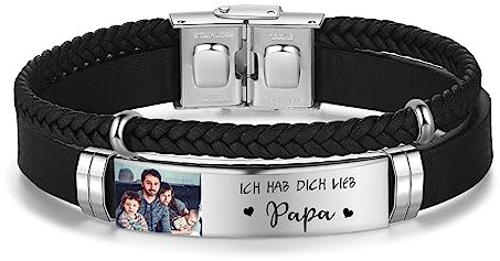Gaosh Personalisiertes Lederarmband mit Gravur Herren Armband mit Foto und Namen Geschenke für Papa Opa Ehemann Freund Personalisierte Geschenke