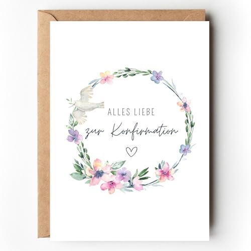Glückwunschkarte zur Konfirmation floral, Konfirmationskarte für Mädchen mit Blumenkranz Aquarell, Grußkarte zur Konfirmation Feier A6 mit Umschlag für Geld Geschenk (1 Karte mit Kuvert)