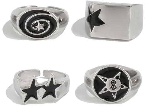Cosswe 4 Stück Ringe Herren,Einstellbar Daumenring Herren Rock Ring,Goth Punk Hip-Hop Sternenstil Freundschaftsringe Modeschmuck