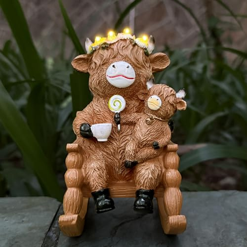 lifemet Solar Highland Cow Garden Statue, Cute Figurine with Solar Lights | Highland Cow Mother and Child Design with Luminous Flowers | Resin Garden Decor for Lawn, Patio | Outdoor Indoor Display