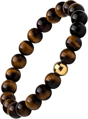 9 - O`Clock ® Premium Herren Armband 14K Goldperle Tigerauge 8mm - Männerarmband – Elastisch – Naturstein Schmuck für Männer – Geschenkbox – Stilvoll & Elegant – Made in Germany