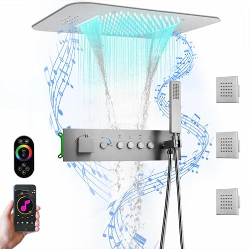 Rain Waterfall Bathroom Thermostatic Shower Faucet Set,Ceiling Embedded 23 * 15 Inch Led Shower Head with Music Speaker System(A Brushed Nickel)