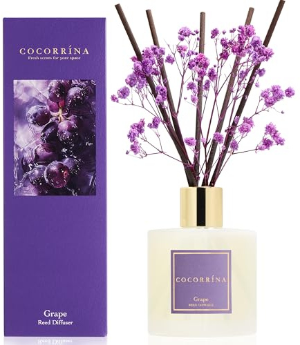 COCORRÍNA Raumduft Reed Diffuser mit 8 Duftstäbchen 200ml, Grape, Natürlich, Langanhaltend, Home Duft ätherisches Öl Reed Diffusor für Badezimmer Regal Dekoration