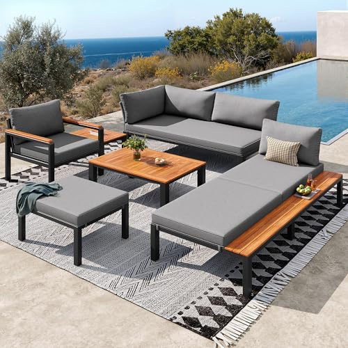 @Moflan Lin Conjunto modular de mesa de jardín para exteriores, con marco de metal resistente, cojines transpirables y mesas de madera para patio, balcón, zona de piscina