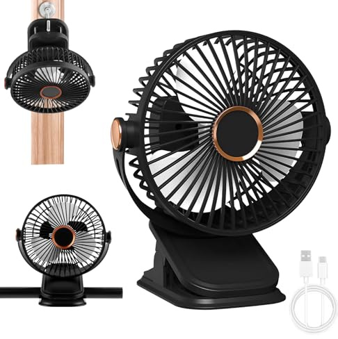 badaren Mini Ventilador USB Silencioso con Pinza, Mesa a 5 Velocidades, Rotación de 720°, Potente Fan Portátil para Hogar, Oficina, Exteriores, Viajes y Cochecitos (Negro)