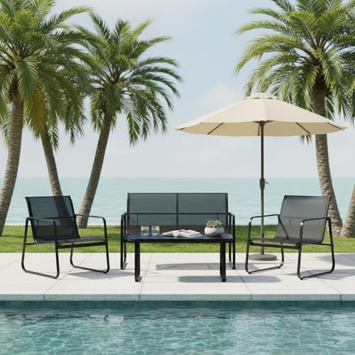 DazzlerE Gartentisch für den Außenbereich mit Stühlen, Metallgestell, Belastbarkeit 110 kg, für Terrasse und Außenbereich, schwarz – 4-teilig, 1 Tisch + 1 Sofa + 2 Sessel