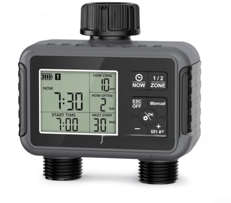 Dual Water Timer with 2 Independent Zones, Flexible Programming 1-360 Min & Rain Delay, IPX5 Waterproof Automatic Sprinkler Controller for Garden Faucet