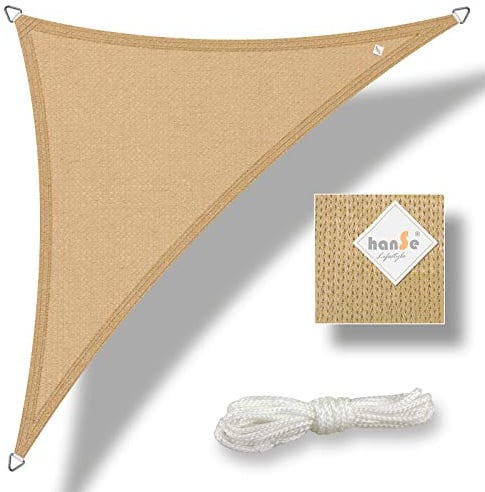 hanSe Sonnensegel dreieckig, Segeltuch Dreieck, 3x3x3 m in Sand, aus HDPE Gewebe, wetterbeständig mit UV Schutz und Sonnenschutz für Garten, Balkon und Terrasse