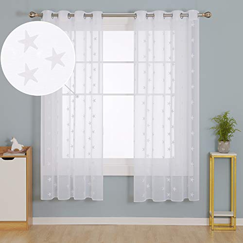 Deconovo Ösenvorhang Leinenoptik Transparent Gardinen Wohnzimmer Vorhang Stickerei Stern, 138x140 cm(HöhexBreite), Weiß, 2er Set