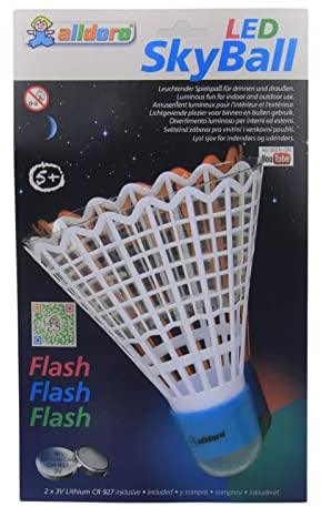 alldoro 60056 - LED Sky Ball ca. 24 cm, leuchtender & blinkender Riesen Federball, Zubehör für Federballset, passend für XXL Badminton und Tennis Schläger, inklusive Batterien, in 3 Farben sortiert