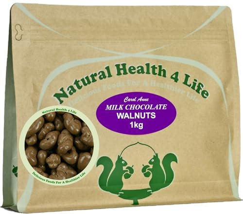 Natural Health 4 Life Carol Anne Confectionery Milk Chocolate Walnuts 1kg, Chocolate Covered Nuts in Resealable Pouch, 9.4g Protein per 100g, ideal for Snacking, Events, Refill Jars – Made in UK