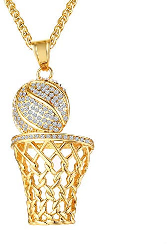Cupimatch Uomo Collana Ciondolo Basketball Pallacanestro Strass Catena Acciaio Inossidabile Oro