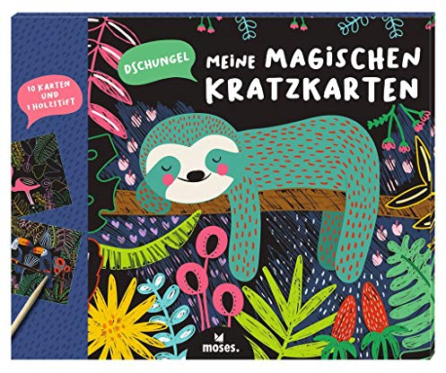 Moses. 3103 Meine magischen Kratzkarten Dschungel | 10 Kratzbilder mit Holzstift | Malset zum Basteln am Kindergeburtstag | Scratch Art | Für Kinder ab 4 Jahren, bunt
