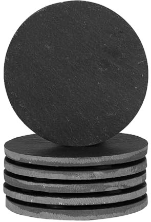 Argon Tableware Round Slate Coasters - 10cm - 6 Piece Drink Coasters Black Stone Natural Slate Smooth Edge Drink Mat Cup Mats for Kitchen, Bar, Restaurant, Weddings, Events