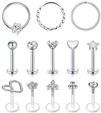 AceFun 16G Cartilage Ohrringe Tragus Helix Piercing Lippenringe labret Studs Chirurgischer Stahl und klares Acryl Nasenstecker Silber Piercing schmuck für Frauen Männer