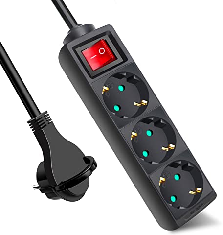 EXTRASTAR Steckdosenleiste 3-Fach, Flachstecker Mehrfachsteckdose mit Save Energy-Schalter, Mehrfachsteckdose Flacher Stecker mit 1.5m Kabel, IP20, 16A, 3680W, Flachstecker, Schwarz