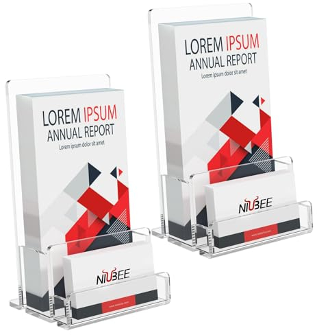 NIUBEE Prospekthalter aus Acryl, 10.2 cm, transparenter Prospektständer mit Acryl-Visitenkartenhalter, Kunststoff-Flyer-Präsentationsständer für Zeitschriften, Broschüren, Visitenkarten, 2 Stück