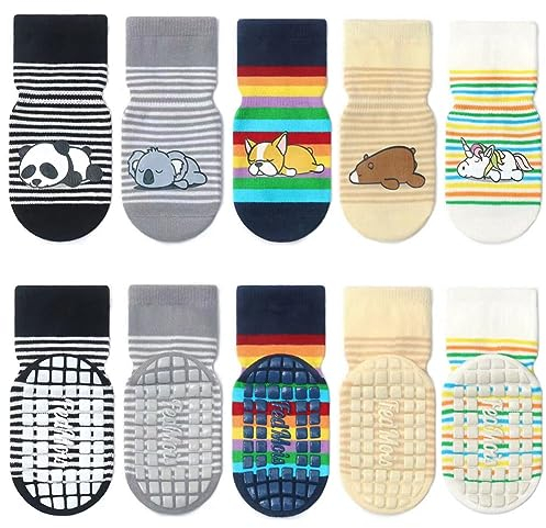 FedMois 5er Pack Baby Kleinkinder ABS rutschfeste Socken Sneaker Socken Tiermotive Baumwolle, Tiere, 1-3 Jahre
