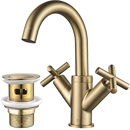 Brushed Gold Basin Mixer Tap Swivel Spout with Pop Up Waste, NewEast Dual Cross Lever Brass Bathroom Sink Tap