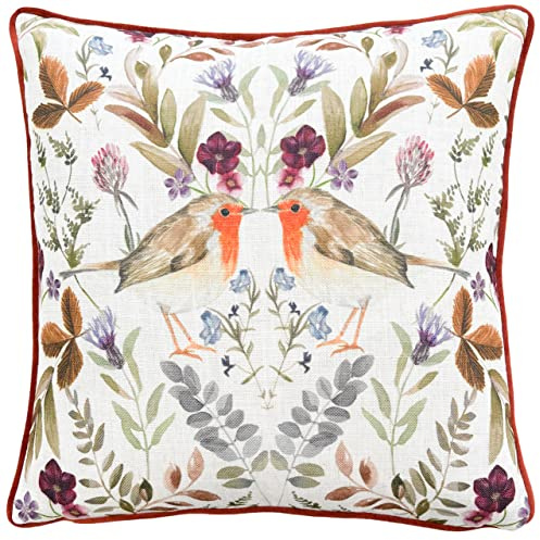 furn. Evans Mirrored Robin Feather Filled Cushion (Orange - 43x43cm) | Festive Season Hand Painted Watercolour British Wildlife Winter Birds Floral Velvet Piped Trim Pillow
