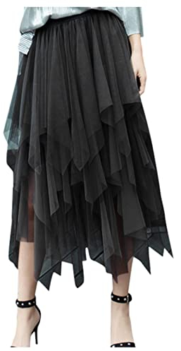 Tüllrock Damen Mädchen Elegant Weich Knielang Lang Sommerrock Vintage Tütü Rüschen Tüll Rock Midi Rock Elastisch Hohe Taille Plissee Layered Rock Floral Print Mesh A-Linie Tutu Rock (Black, One Size)