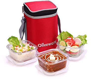 SOPL-OLIVEWARE Bounty Borosilicate Glassware Lunchbox, Microwave & Freezer Safe, Set of 3 containers with BPA Free Airtight Lids (320ml) Each - Red