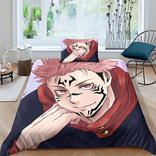 ELGISI Jujutsu Kaisen Itadori Yuji Bettbezug Bettwäsche Set - Bettbezug Und Kissenbezug Mikrofaser 3D Digital Print Dreiteiliger Bettwäsche 2 Single Single(135x200cm)