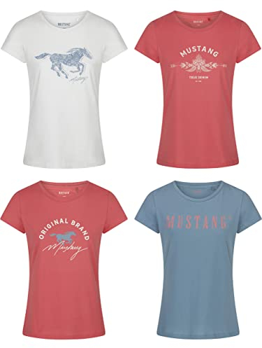 MUSTANG Damen T-Shirt 4er Pack Slim Fit Rundhals O-Neck Basic Kurzarm Logo Print Sommer Shirt 100% Baumwolle Weiß Blau Grün Rot S M L XL XXL, Größe:XL, Farbe:Farbmix 1