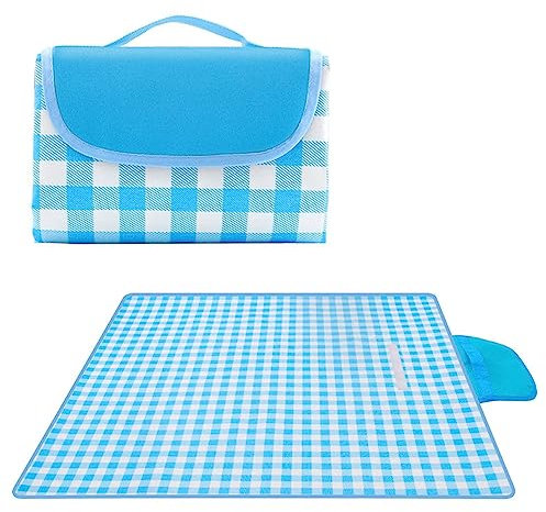 TengYuer Outdoor Picknickdecke 150x200cm Picknickdecke Wasserdicht Weich Tragbar mit Tragegriff für Camping Picknick Wandern Reisen Campingdecke Blau-Weiß-Kariert