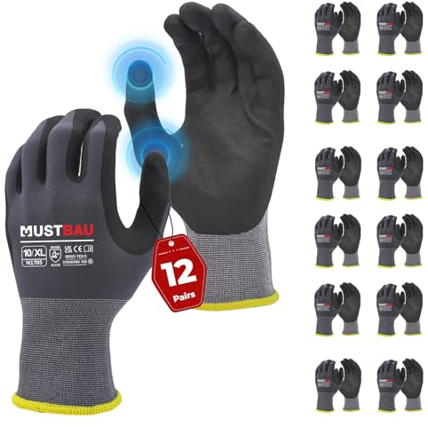 Mustbau Arbeitshandschuhe Schwarz mit Touchscreen, Arbeitshandschuhe Herren mit Nitril Beschichtung für Montagearbeit，Mechaniker, Gartenarbeit und Bauarbeiten, Gr. XL, 12 Paare