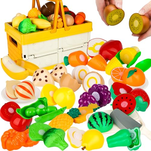 Hanmulee Play Food Sets for Children Kitchen, 53PCS Toy Food Sets Fruits and Vegetables Cutting Toys, Toy Kitchen Accessories with Foldable Picnic Basket, Role Play Toys for 3 4 5 Years Old Boys Girls