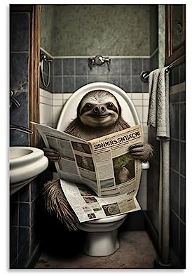 WEERSHUN Faultier auf Toilette Zeitungsposter, Kinder Badezimmer Humor, Lustiges Tier Schwarz-Weiß, Leinwand, 90er-Jahre Wandkunst, Ästhetisches Poster, 30 x 45 cm