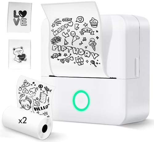 Lovcoyo Etikettendrucker Selbstklebend, Etikettendrucker Bluetooth, 2 Roll Etikettiergerät Mini Label Printer Ettikettiergeraet Labeldrucker Beschriftungsgerät Selbstklebend mit iOS und Android