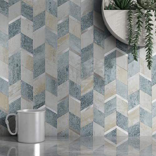 M MOFIT Marble Peel and Stick Tile Stickers for Kitchen,Self Adhesive Mosaic Wall Tiles for Bathroom Diamond(10Sheets,Blue Green Gray)