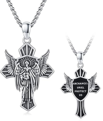 ZIPPICE Saint Uriel Halskette 925 Sterling Silber Kreuzkette Erzengel Uriel Anhänger Uriel Schild Halskette Amulett Halskette Halskette Herren Schmuck für Männer und Frauen 20 + 2 Edelstahl Kette