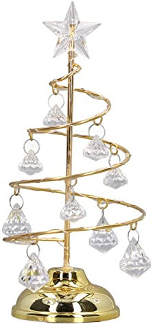 Golden Metal Christmas Tree Lamp with LED Lights Tabletop Spiral Wrought Iron Stand Small Room Decorations Mini Xmas Tree Crystal Balls