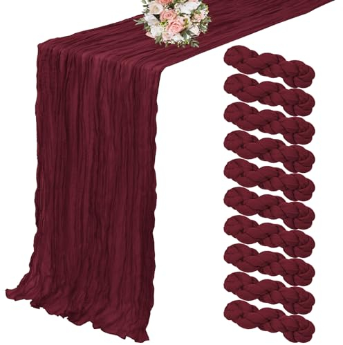 Lumaycens 10er-Pack Käsetuch-Tischläufer, burgunderroter Tischläufer, 3 m, Tischläufer, rustikaler Gaze-Tischläufer für Hochzeitstischdekoration, Hochzeitsbogen, Party-Dekoration (90 x 300 cm)