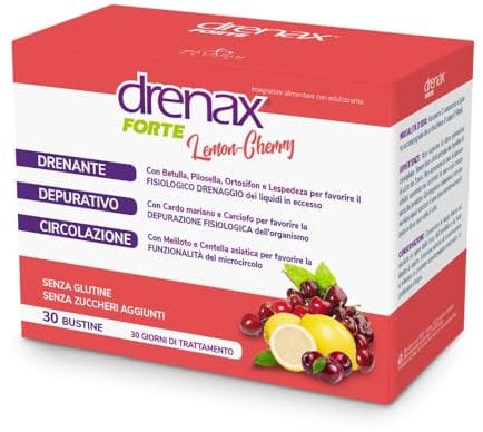 Drenax Forte Lemon Cherry Integratore. 30 Bustine. Contro la ritenzione idrica, drenante depurativo per il microcircolo Senza zuccheri