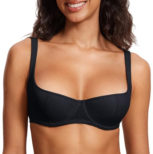 DOBREVA Women's Balconette Bra Lightly Padded Plus Size Sexy Mesh Demi Underwire Bras Wide Cushioned Straps Black 36DD