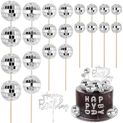 23 Pcs Disco Ball Cake Toppers, Happy Birthday Cupcake Topper Disco Ball Cake Picks Disco Theme Decorations for 70s Disco Party Favor