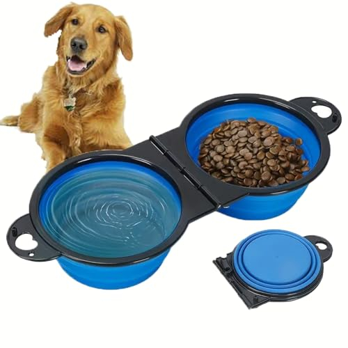Collapsible Dog Water Bowls - 2 in 1 Portable Dog Travel Item, Foldable Pet Camping Accessories Dish Feeder, Portable Water Bowl Container with Carabiners for Puppy Walking Hike Outdoor (Blue)