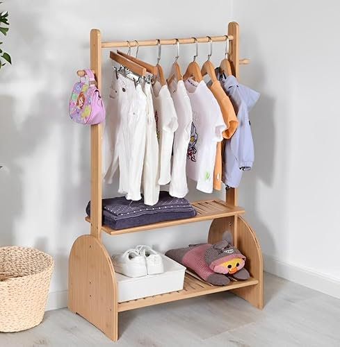 BAMBOOHOMIE Kinder-Kleiderständer mit verstellbaren Stangen, Kleiderständer für Kinder, Babys und Haustiere, Spielzeug-Organizer mit 2 Ablageböden, Kinder-Garderobe für Kleinkinder und Kinderzimmer