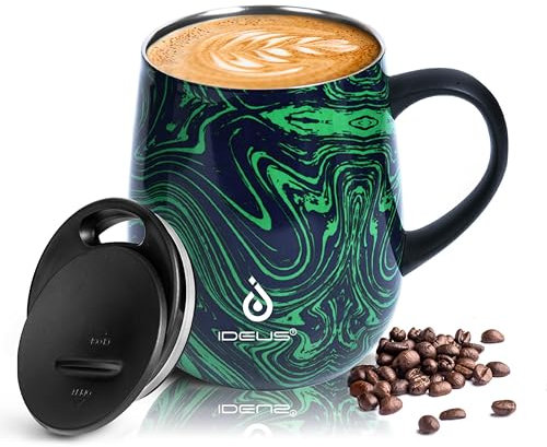 Ideus® Kaffeebecher 470 ml (16 oz), doppelwandige vakuumisolierte Kaffee- und Teetasse aus Edelstahl mit rutschfestem Griff und Schiebemoduldeckel und großem Volumen (Grüne Welle)