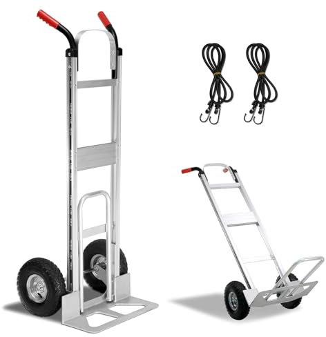 Aluminium-Sackkarre mit 272 kg Tragkraft, robuster Industriewagen mit 25,4 cm Luftreifen und 2 elastischen Kordeln, Plattformwagen für Transport und Umzug zu Hause, Büro, Lager, Supermarkt
