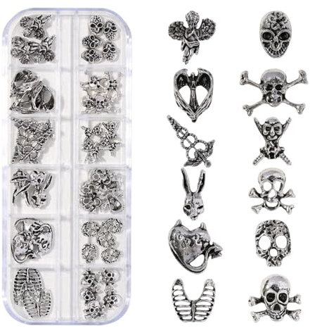 RUNRAYAY 48Pcs 3D Halloween Nail Charms, Cross Chrome Metal Nail Art Charm Vintage Gothic Retro Punk Skulls Mixed for Manicure Craft DIY Nail Art Decoration Accessories with a Box, E