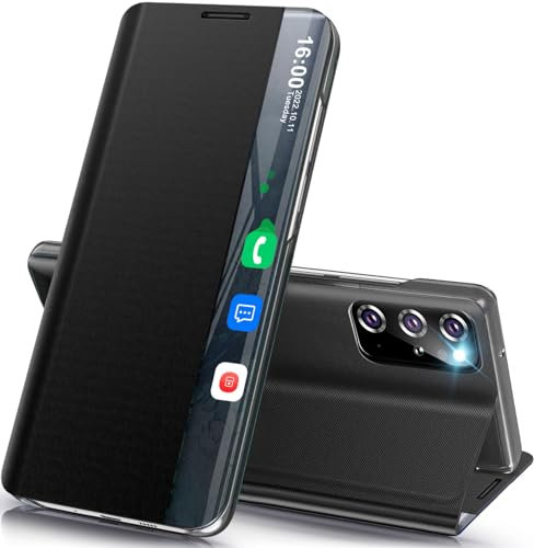 Qissy Handyhülle für Samsung Galaxy S20 Plus, Clear View Luxus Slim Case mit Kickstand, Leder Hard PC Flip Stoßfest Schutzhülle, Schwarz