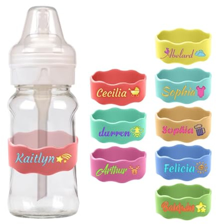 Babyflaschen-Etiketten für die Kindertagesstätte,Personalisierte Name Silikon Tasse Riemen,Wiederverwendbare Kinder Tasse Grip Strap,Wasserdicht und rutschfest,Geeignet für Kindertagesstätten(4 Stück)