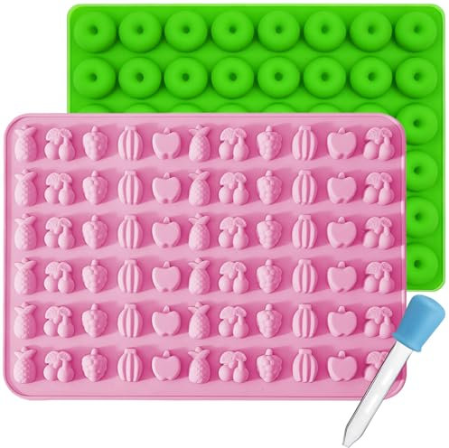 2 Pieza Moldes de Silicona para Caramelos, Ositos de Goma, Juego para Hacer Chocolate, Mini Donuts y Frutas, Con 1 Cuentagotas para Dulces, Gelatina, Chocolate